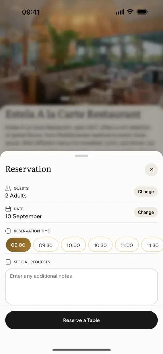 Oria restoran masa rezervasyonu ekranı