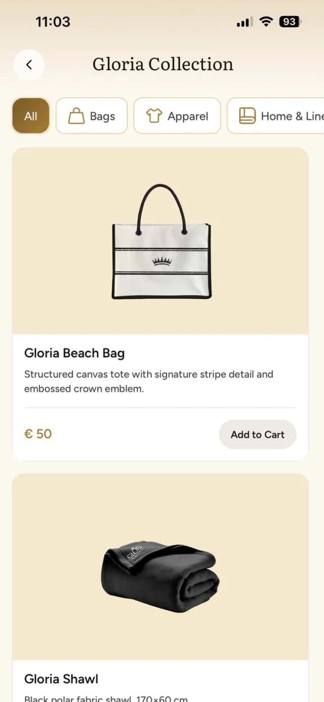 Oria Gloria Collection mağaza ekranı
