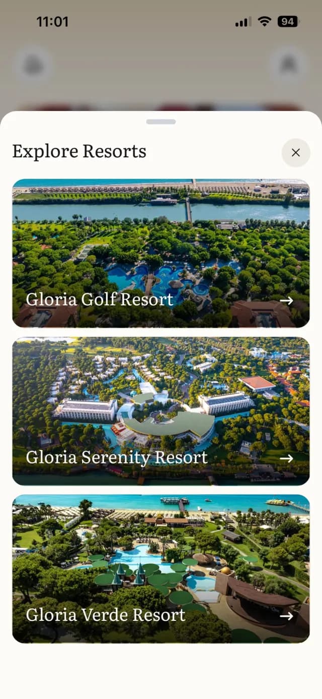 Oria resort seçimi ekranı