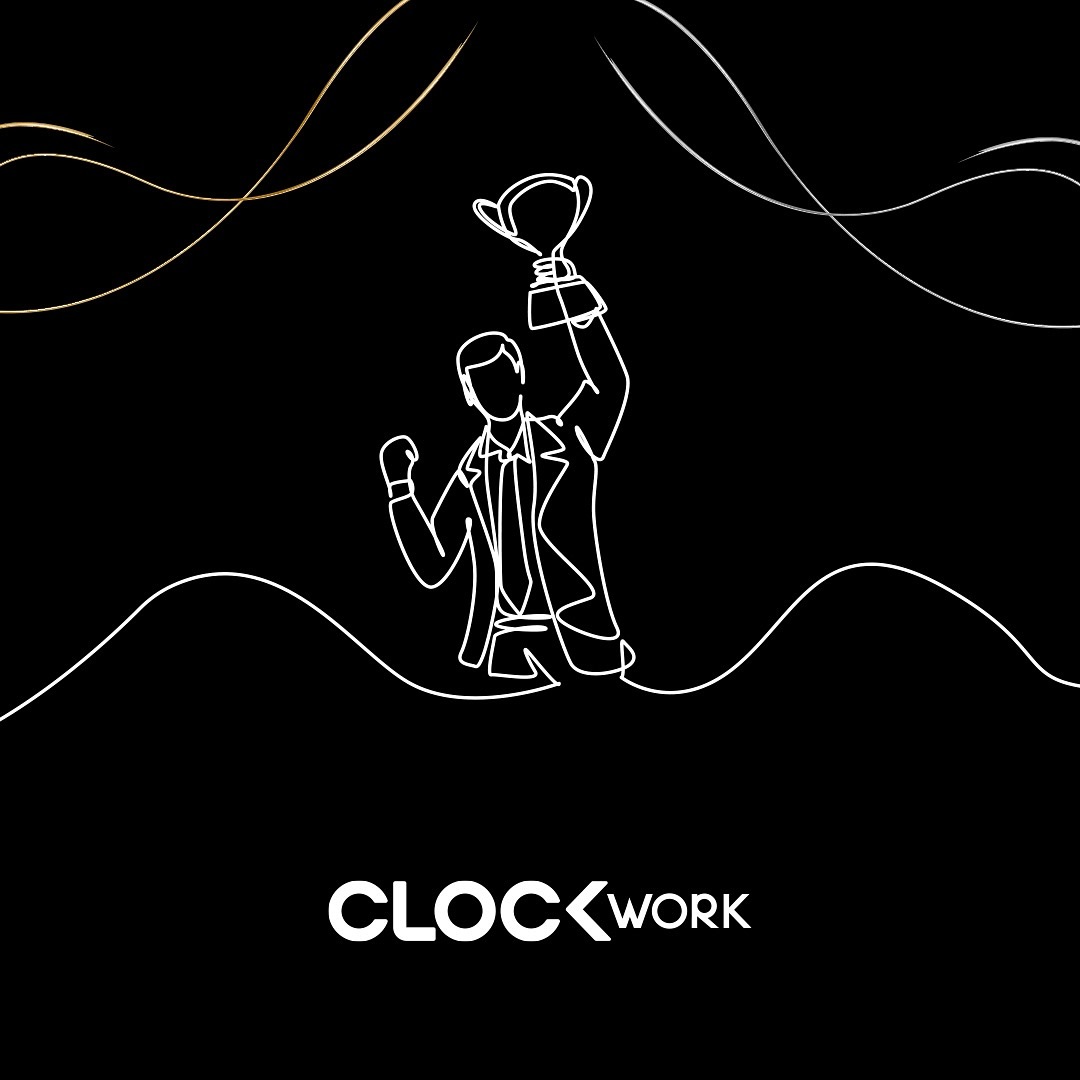 Siyah zeminde kupa tutan iş adamı çizimi ve altta CLOCKWORK logosu.