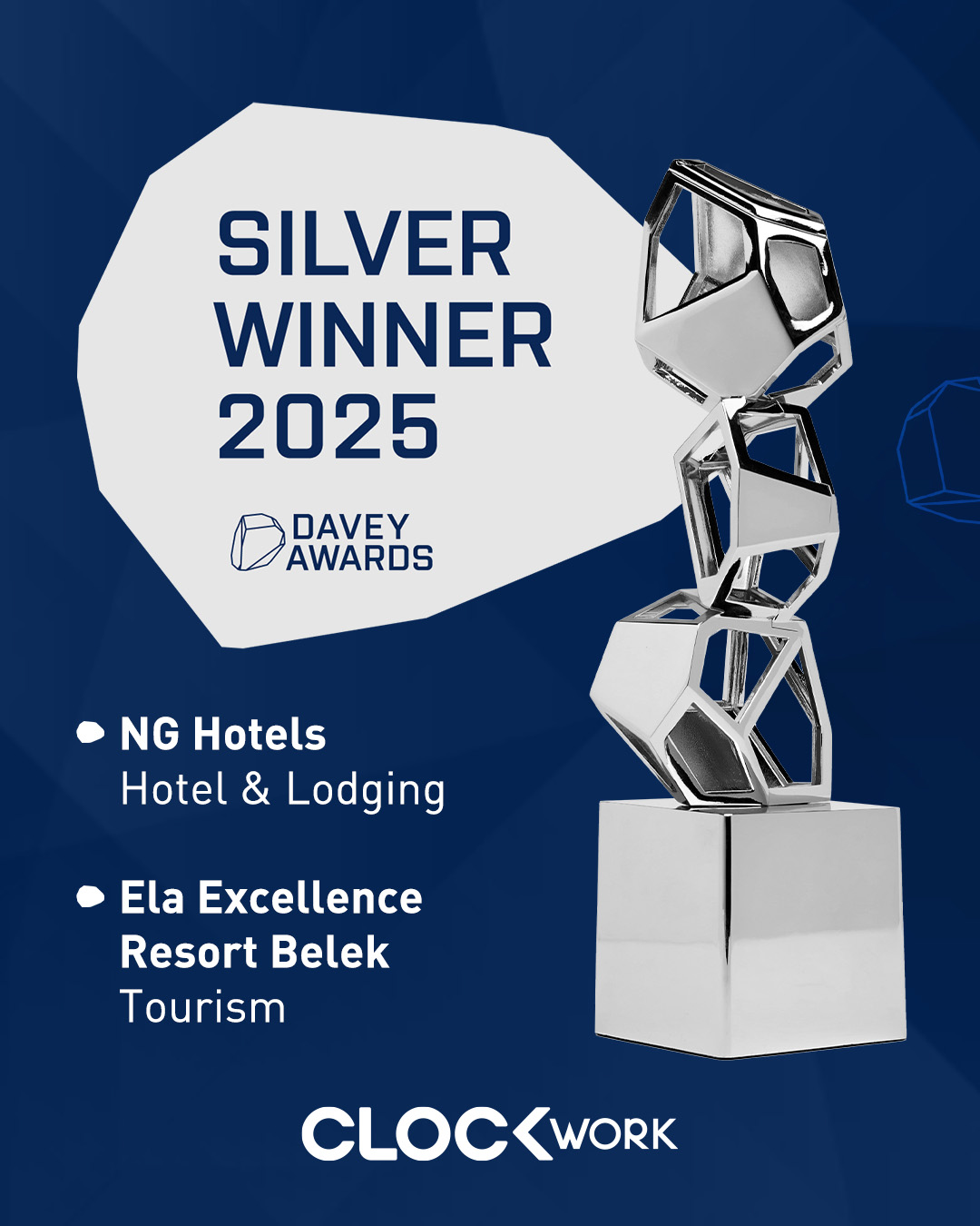 Davey Awards 2025 Gümüş: NG Hotels ve Ela Excellence Resort gümüş ödül heykeli.