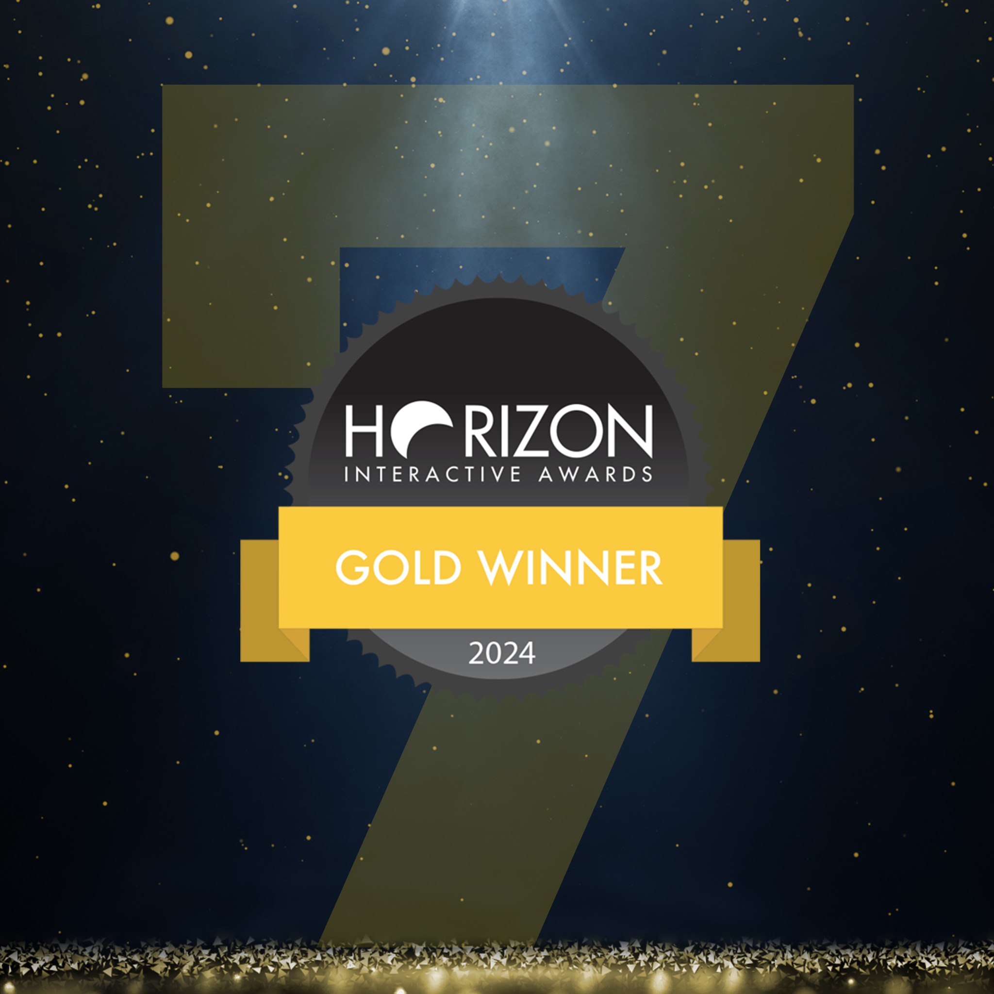 Horizon Interactive Awards 2024 Gold Winner rozeti, altın ışıltılı koyu fonda 7 rakamı.
